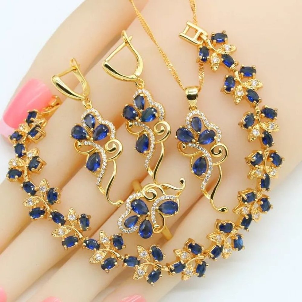 Blue Sapphire 18k Gold Plated Jewelry Set 4 Pieces